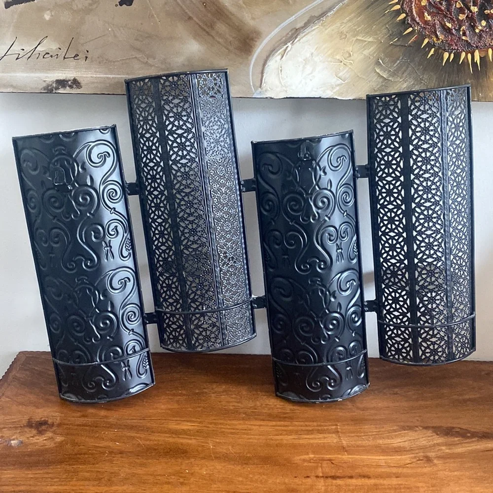 Vintage Pier 1 Metal Scroll Wall Sconce Candle Holder 4 Pillar Earth Tones